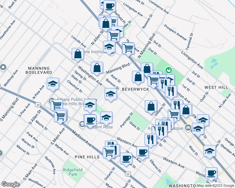 map of restaurants, bars, coffee shops, grocery stores, and more near 681 Washington Avenue in Albany