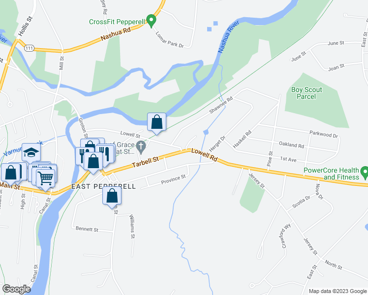 map of restaurants, bars, coffee shops, grocery stores, and more near 9 Tarbell Street in Pepperell