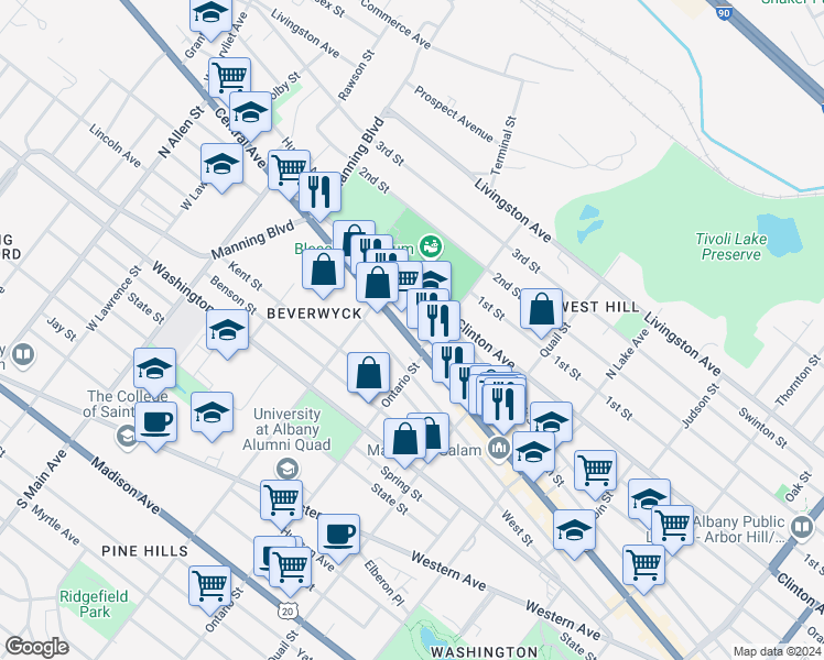 map of restaurants, bars, coffee shops, grocery stores, and more near 398 Central Avenue in Albany
