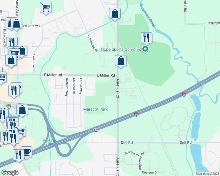 map of restaurants, bars, coffee shops, grocery stores, and more near 1906 East Miller Road in Lansing