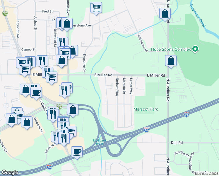 map of restaurants, bars, coffee shops, grocery stores, and more near 6200 Beechfield Drive in Lansing