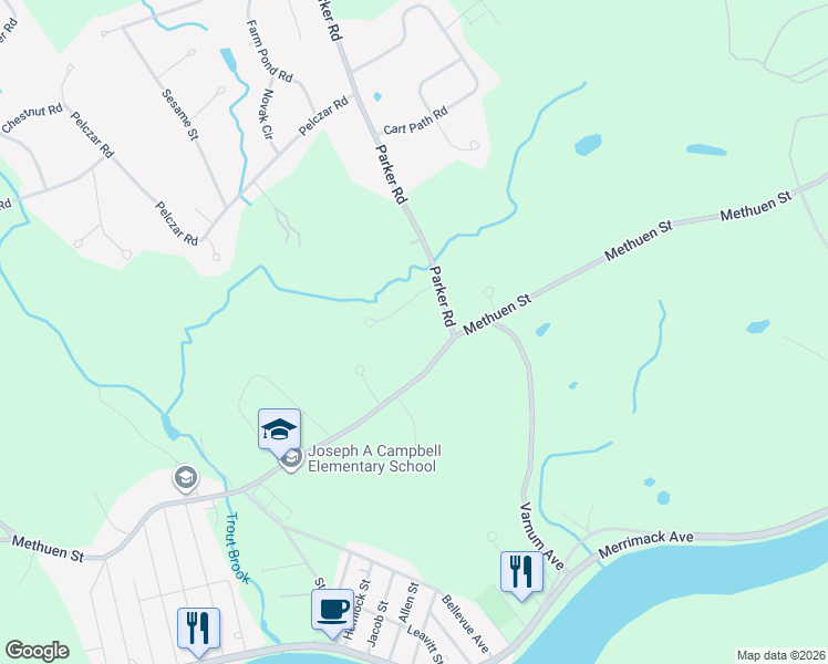 map of restaurants, bars, coffee shops, grocery stores, and more near 1116 Methuen Street in Dracut