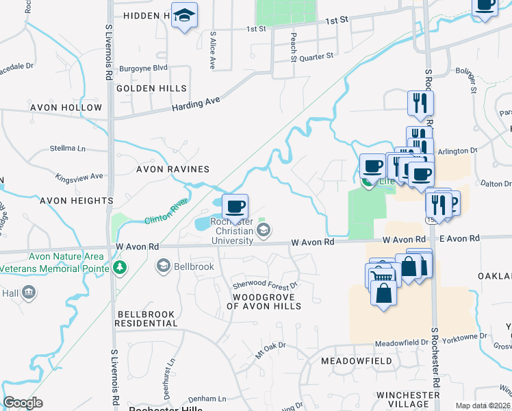 map of restaurants, bars, coffee shops, grocery stores, and more near 800 West Avon Road in Rochester Hills