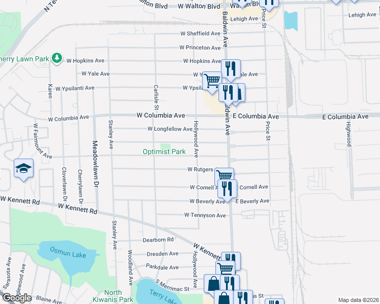 map of restaurants, bars, coffee shops, grocery stores, and more near 97 West Fairmount Avenue in Pontiac