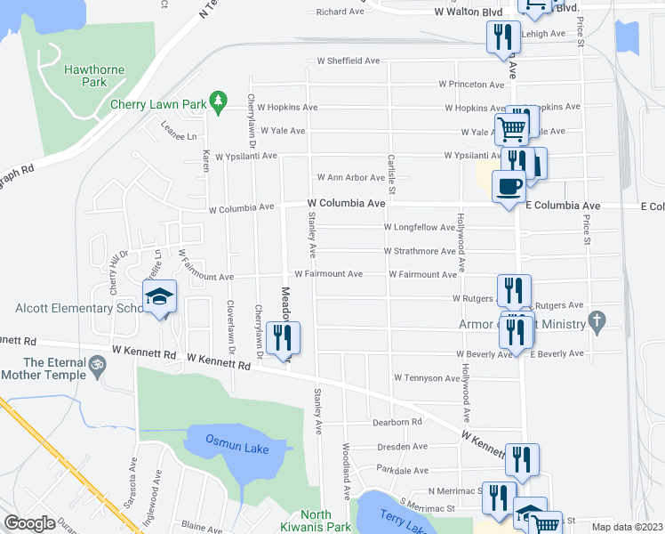 map of restaurants, bars, coffee shops, grocery stores, and more near 248 West Fairmount Avenue in Pontiac
