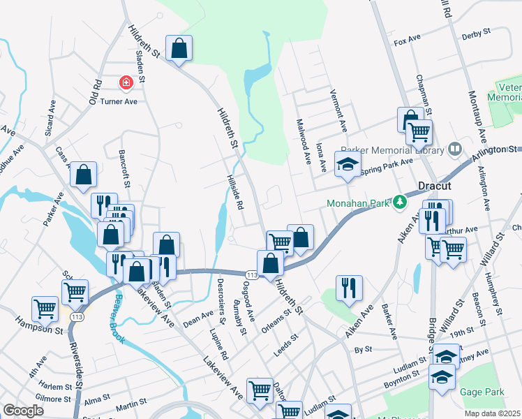 map of restaurants, bars, coffee shops, grocery stores, and more near 9 Tobey Road in Dracut