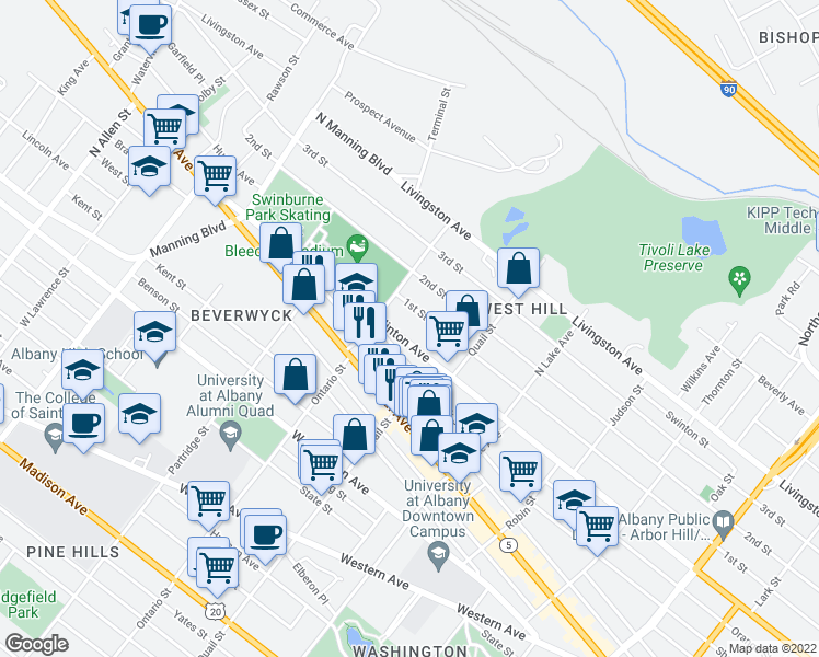 map of restaurants, bars, coffee shops, grocery stores, and more near 640 Clinton Avenue in Albany
