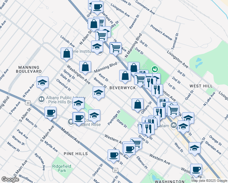 map of restaurants, bars, coffee shops, grocery stores, and more near 132 Benson Street in Albany