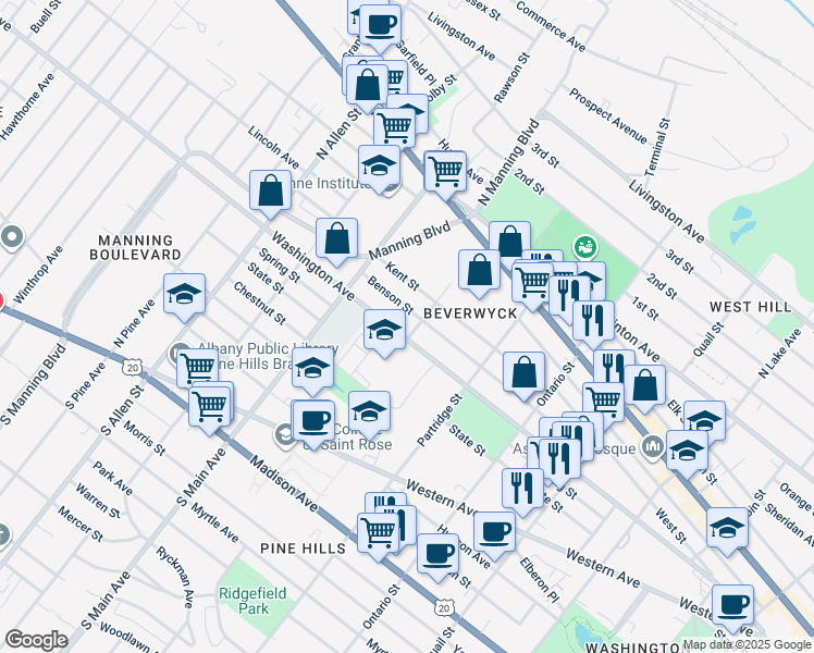 map of restaurants, bars, coffee shops, grocery stores, and more near 681 Washington Avenue in Albany