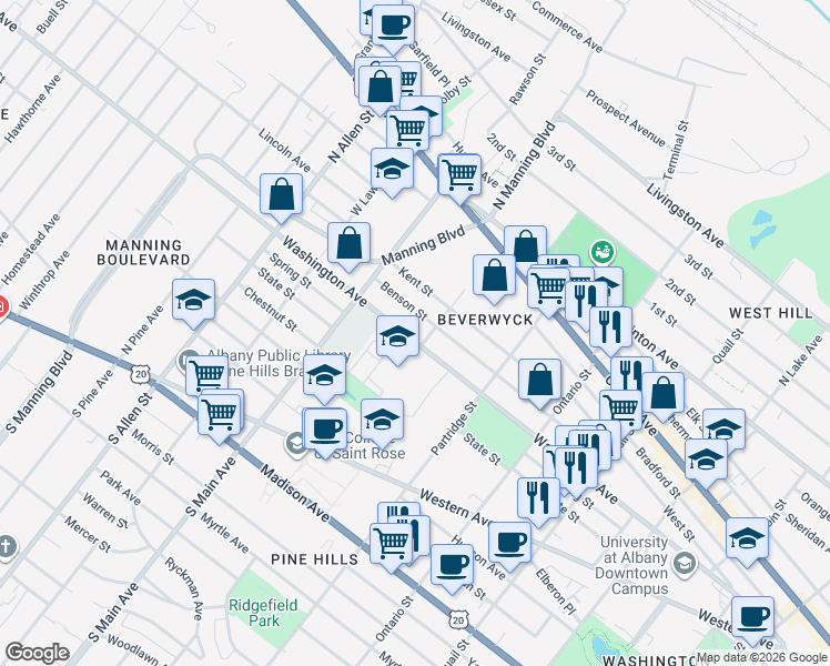 map of restaurants, bars, coffee shops, grocery stores, and more near 681 Washington Avenue in Albany