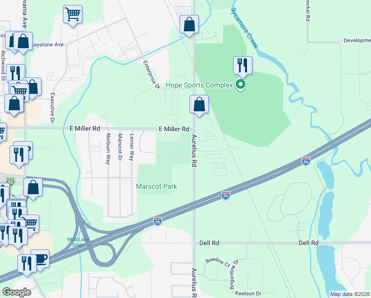 map of restaurants, bars, coffee shops, grocery stores, and more near 1906 East Miller Road in Lansing