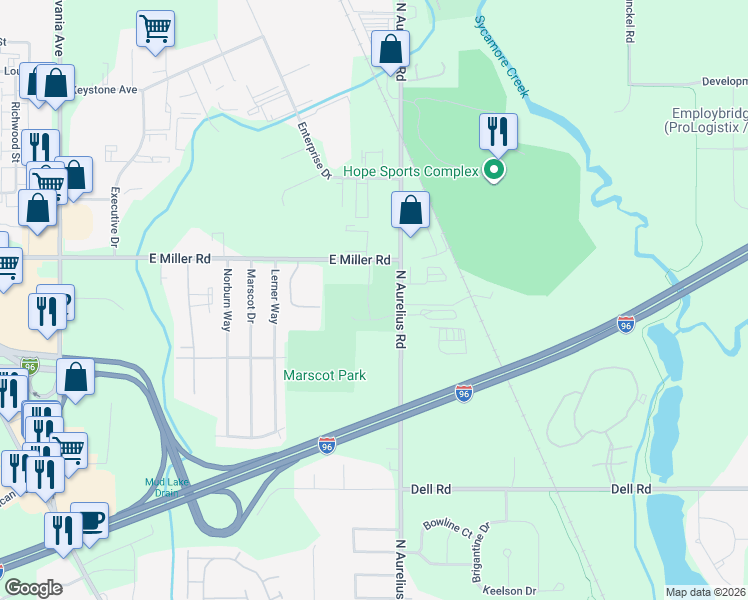 map of restaurants, bars, coffee shops, grocery stores, and more near 1906 East Miller Road in Lansing