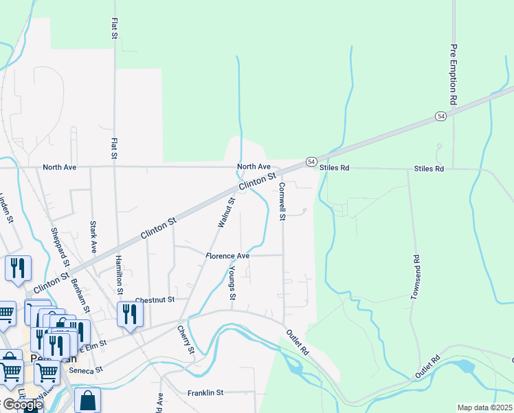 map of restaurants, bars, coffee shops, grocery stores, and more near 411 Clinton Street in Penn Yan