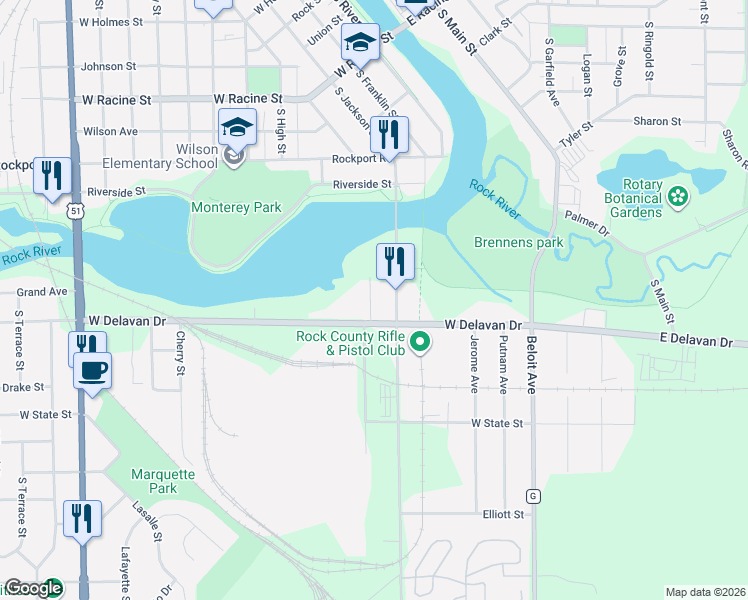 map of restaurants, bars, coffee shops, grocery stores, and more near 426 West Delavan Drive in Janesville