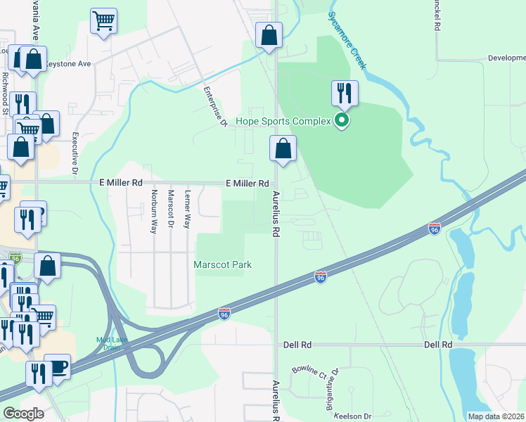 map of restaurants, bars, coffee shops, grocery stores, and more near 1906 East Miller Road in Lansing