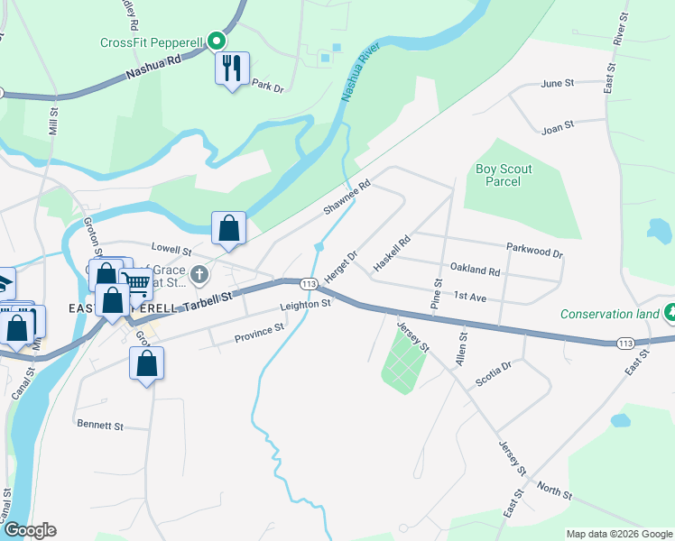 map of restaurants, bars, coffee shops, grocery stores, and more near 4 Herget Drive in Pepperell