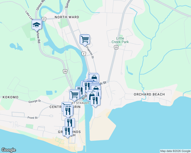 map of restaurants, bars, coffee shops, grocery stores, and more near 279 Charlotte Street in Central Elgin