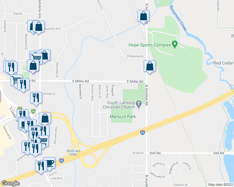 map of restaurants, bars, coffee shops, grocery stores, and more near 6165 Scotmar Drive in Lansing
