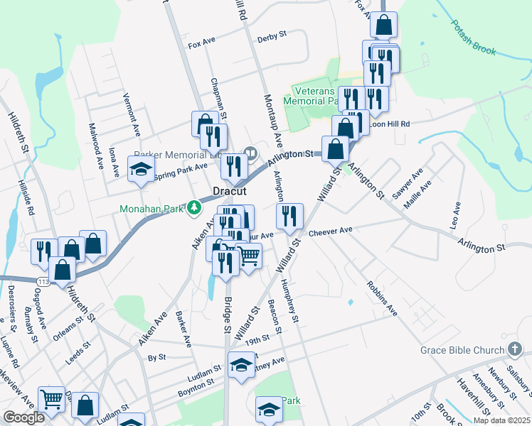 map of restaurants, bars, coffee shops, grocery stores, and more near 50 Arthur Avenue in Dracut