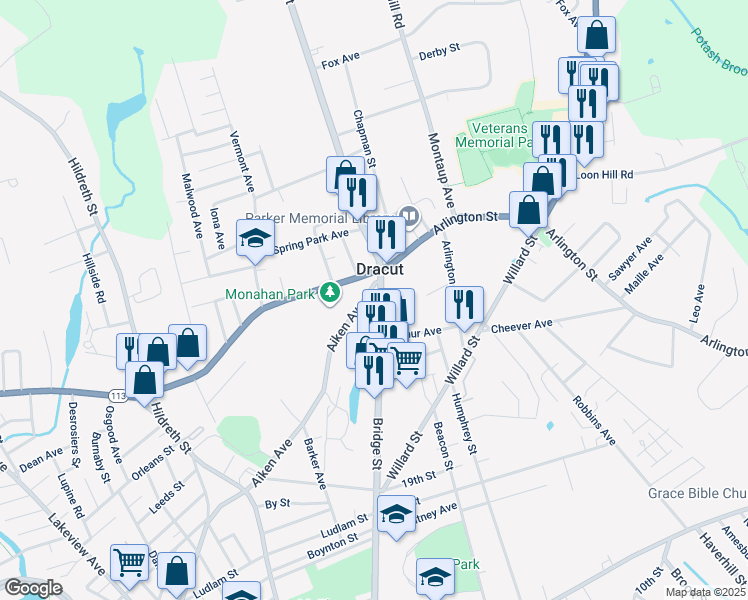 map of restaurants, bars, coffee shops, grocery stores, and more near 23 Kearsage Avenue in Dracut