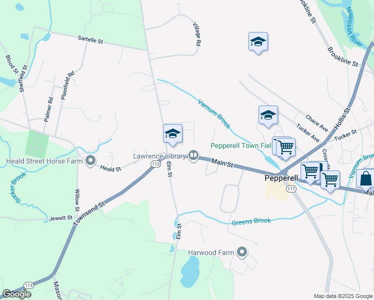 map of restaurants, bars, coffee shops, grocery stores, and more near 11 Main Street in Pepperell