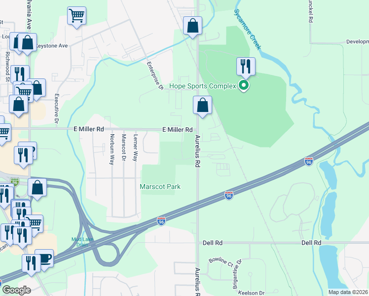 map of restaurants, bars, coffee shops, grocery stores, and more near 1906 East Miller Road in Lansing