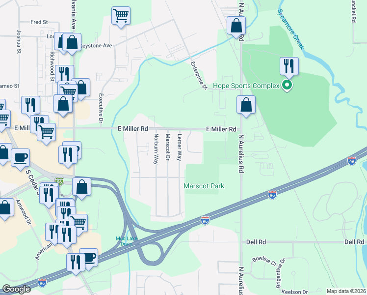 map of restaurants, bars, coffee shops, grocery stores, and more near 1719 Maisonette Drive in Lansing