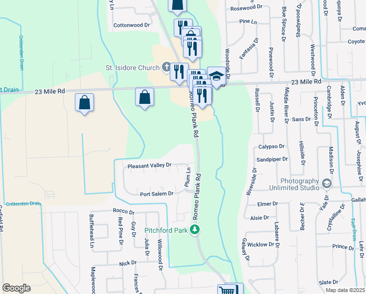 map of restaurants, bars, coffee shops, grocery stores, and more near 50495 Romeo Plank Road in Macomb