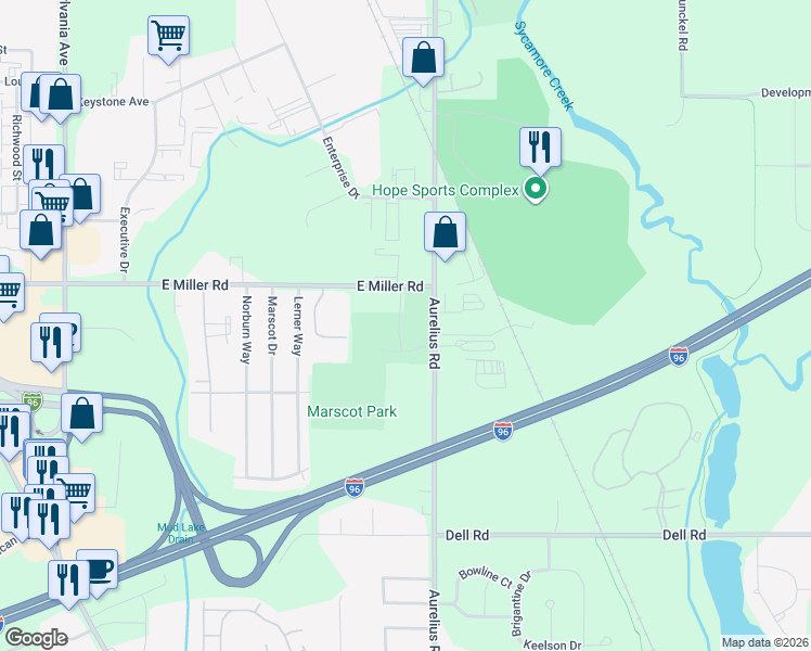 map of restaurants, bars, coffee shops, grocery stores, and more near 1906 East Miller Road in Lansing