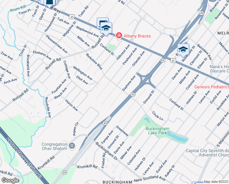 map of restaurants, bars, coffee shops, grocery stores, and more near 101 Orlando Avenue in Albany