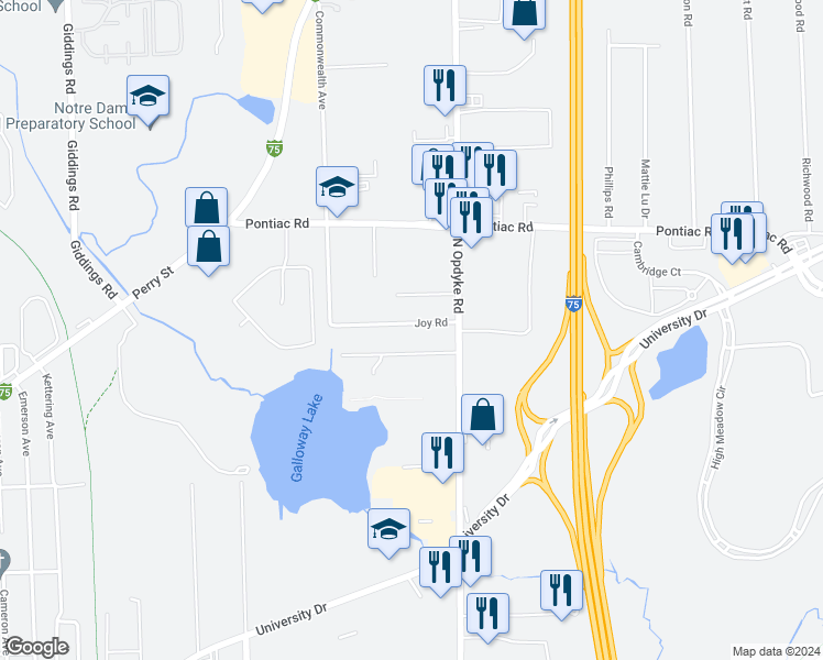 map of restaurants, bars, coffee shops, grocery stores, and more near 2190 Joy Road in Auburn Hills