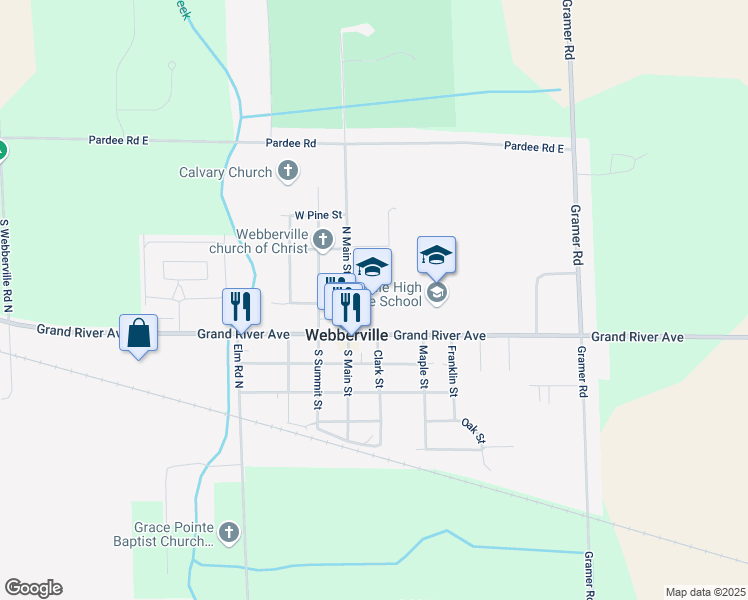 map of restaurants, bars, coffee shops, grocery stores, and more near 225 East Grand River Road in Webberville