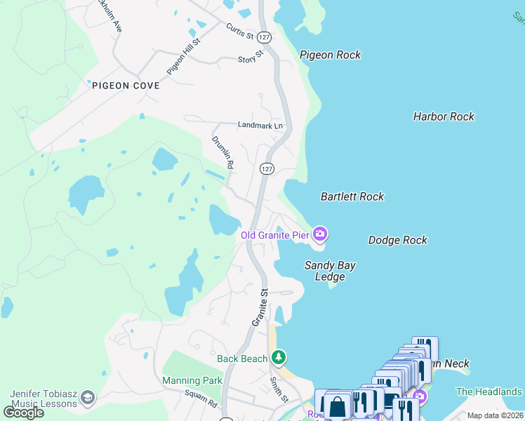 map of restaurants, bars, coffee shops, grocery stores, and more near 2 Wharf Road in Rockport