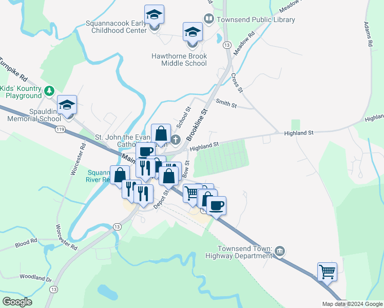 map of restaurants, bars, coffee shops, grocery stores, and more near 10 Bow Street in Townsend
