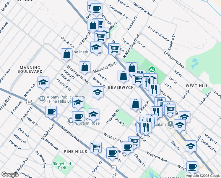 map of restaurants, bars, coffee shops, grocery stores, and more near 132 Benson Street in Albany