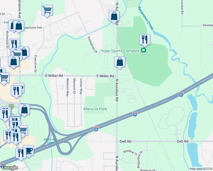 map of restaurants, bars, coffee shops, grocery stores, and more near 1906 East Miller Road in Lansing