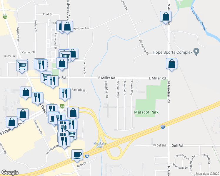 map of restaurants, bars, coffee shops, grocery stores, and more near 6200 Beechfield Drive in Lansing