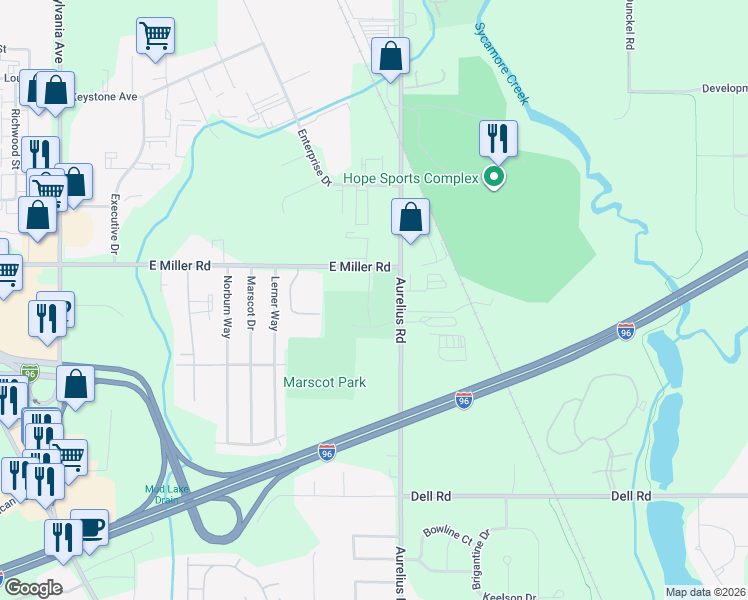 map of restaurants, bars, coffee shops, grocery stores, and more near 1906 East Miller Road in Lansing