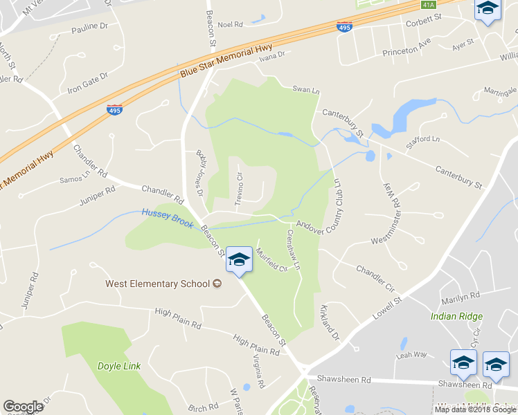 map of restaurants, bars, coffee shops, grocery stores, and more near 5 Cormiers Way in Andover