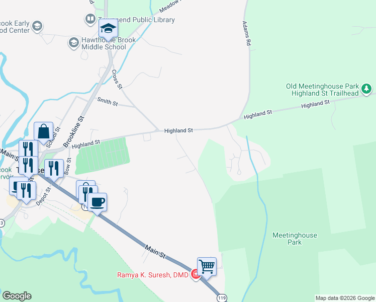 map of restaurants, bars, coffee shops, grocery stores, and more near 12 Old Meetinghouse Road in Townsend