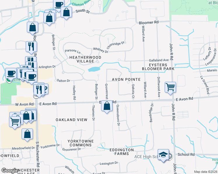map of restaurants, bars, coffee shops, grocery stores, and more near 929 Grovecrest in Rochester Hills