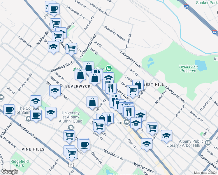 map of restaurants, bars, coffee shops, grocery stores, and more near 676 Clinton Avenue in Albany