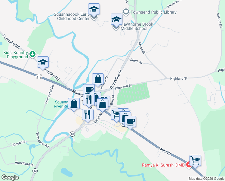 map of restaurants, bars, coffee shops, grocery stores, and more near 10 Bow Street in Townsend