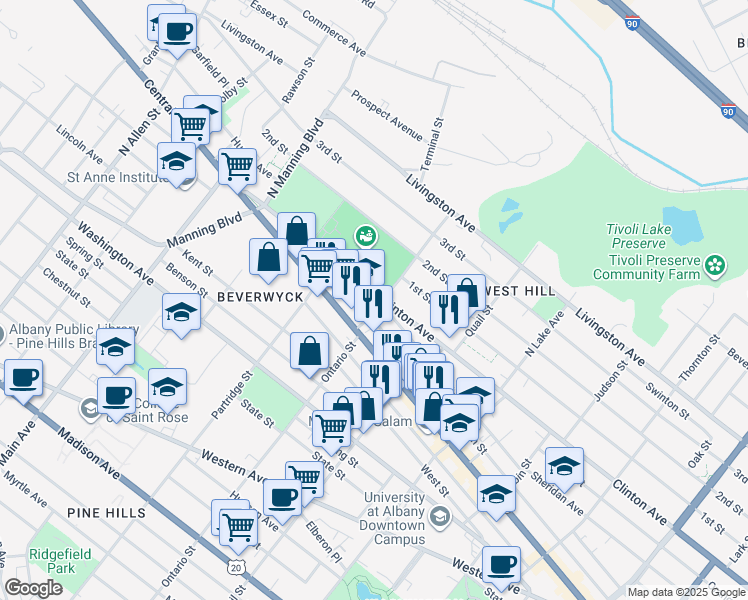map of restaurants, bars, coffee shops, grocery stores, and more near 674 Clinton Avenue in Albany