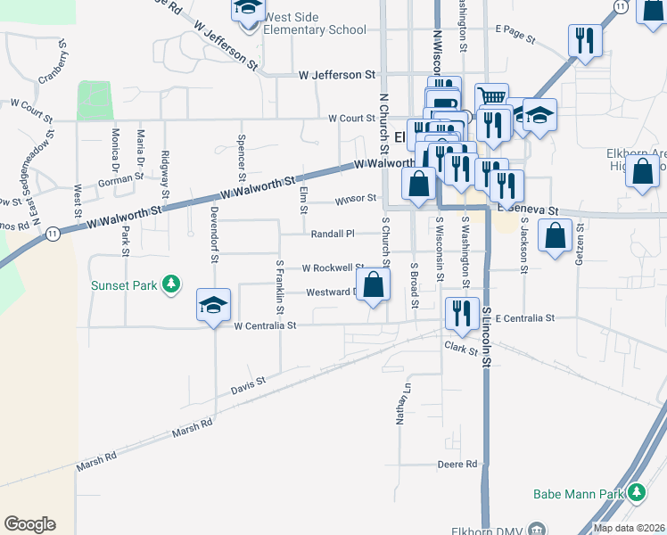 map of restaurants, bars, coffee shops, grocery stores, and more near 232 West Rockwell Street in Elkhorn