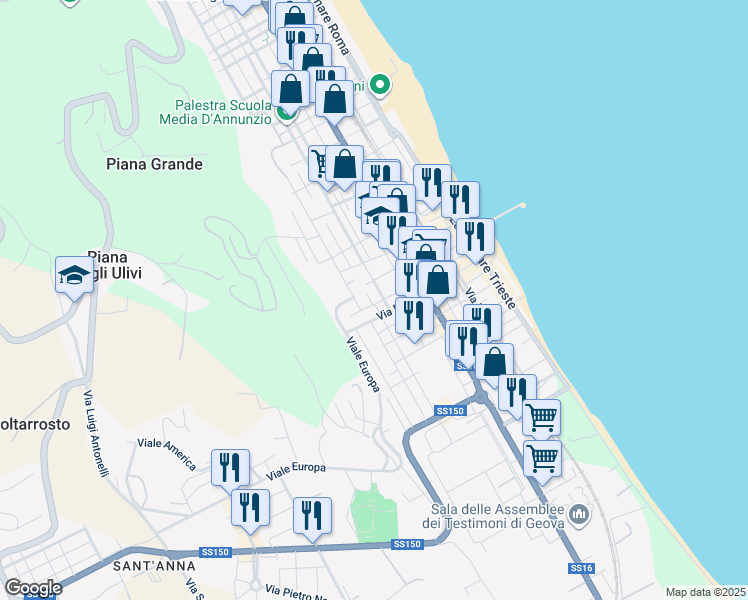 map of restaurants, bars, coffee shops, grocery stores, and more near 40 Via Piave in Roseto degli Abruzzi