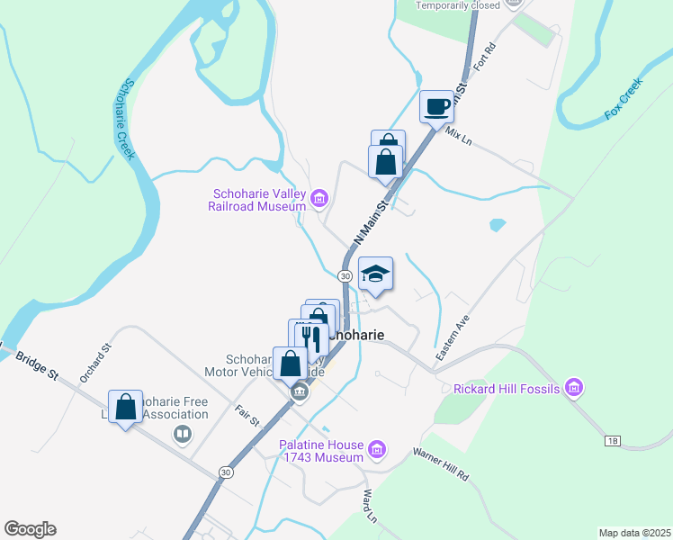 map of restaurants, bars, coffee shops, grocery stores, and more near 353 Main Street in Schoharie