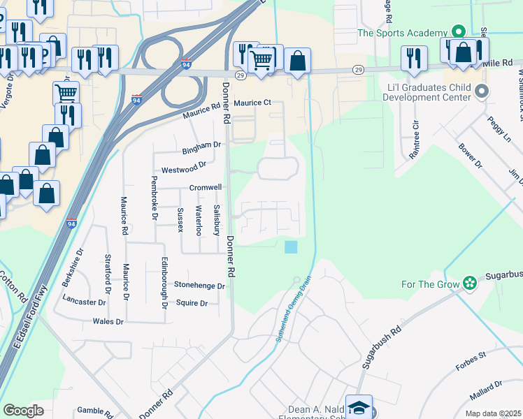 map of restaurants, bars, coffee shops, grocery stores, and more near 50100 North Angelo Court in New Baltimore