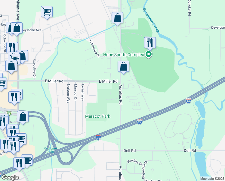 map of restaurants, bars, coffee shops, grocery stores, and more near 1906 East Miller Road in Lansing
