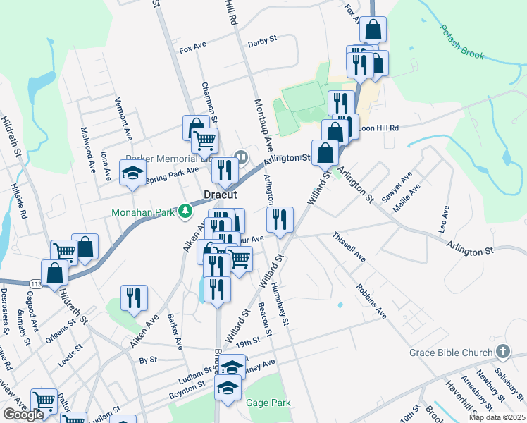 map of restaurants, bars, coffee shops, grocery stores, and more near 50 Arthur Avenue in Dracut